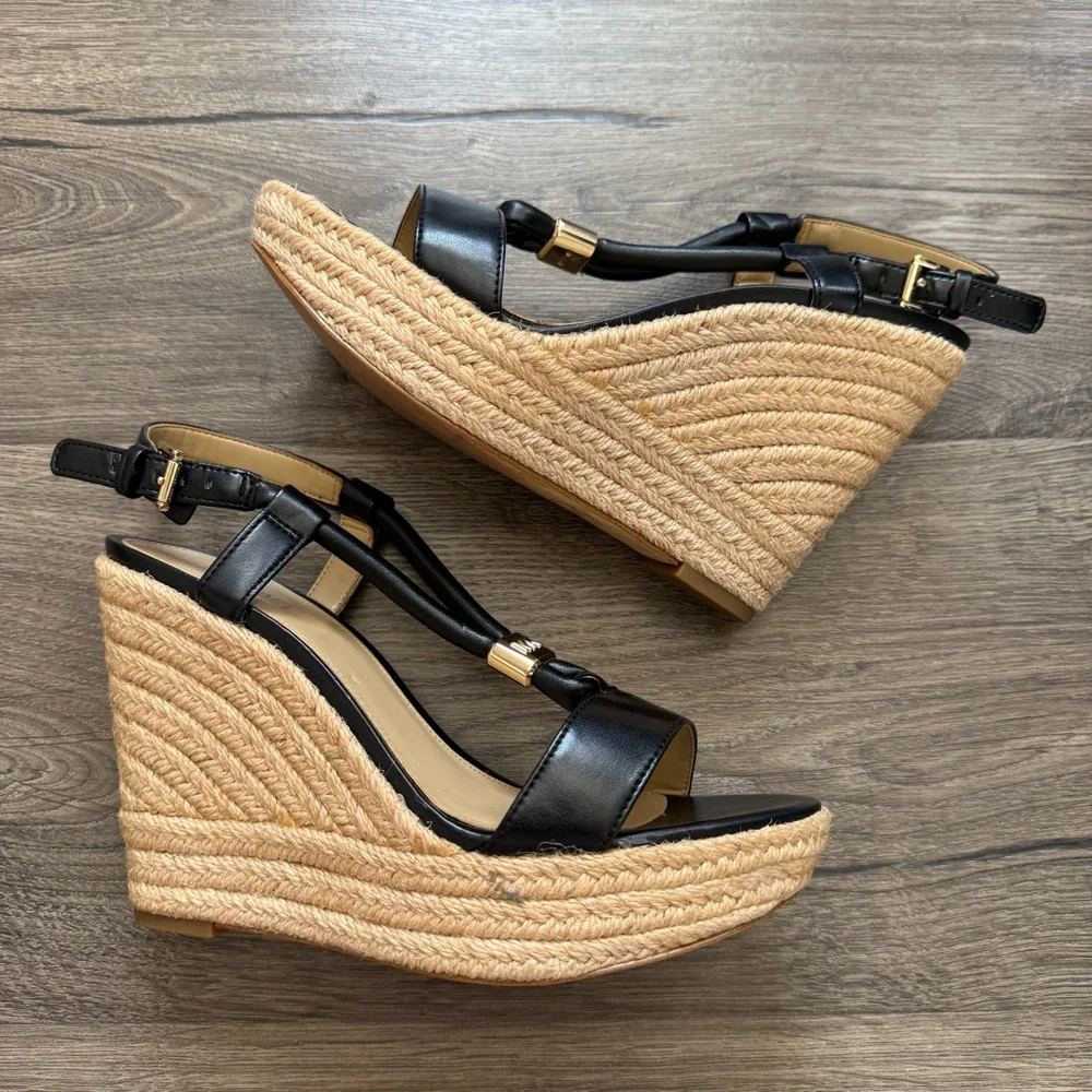 Michael Kors Annie Black Leather Espadrille Wedge Sandals size 7 Women